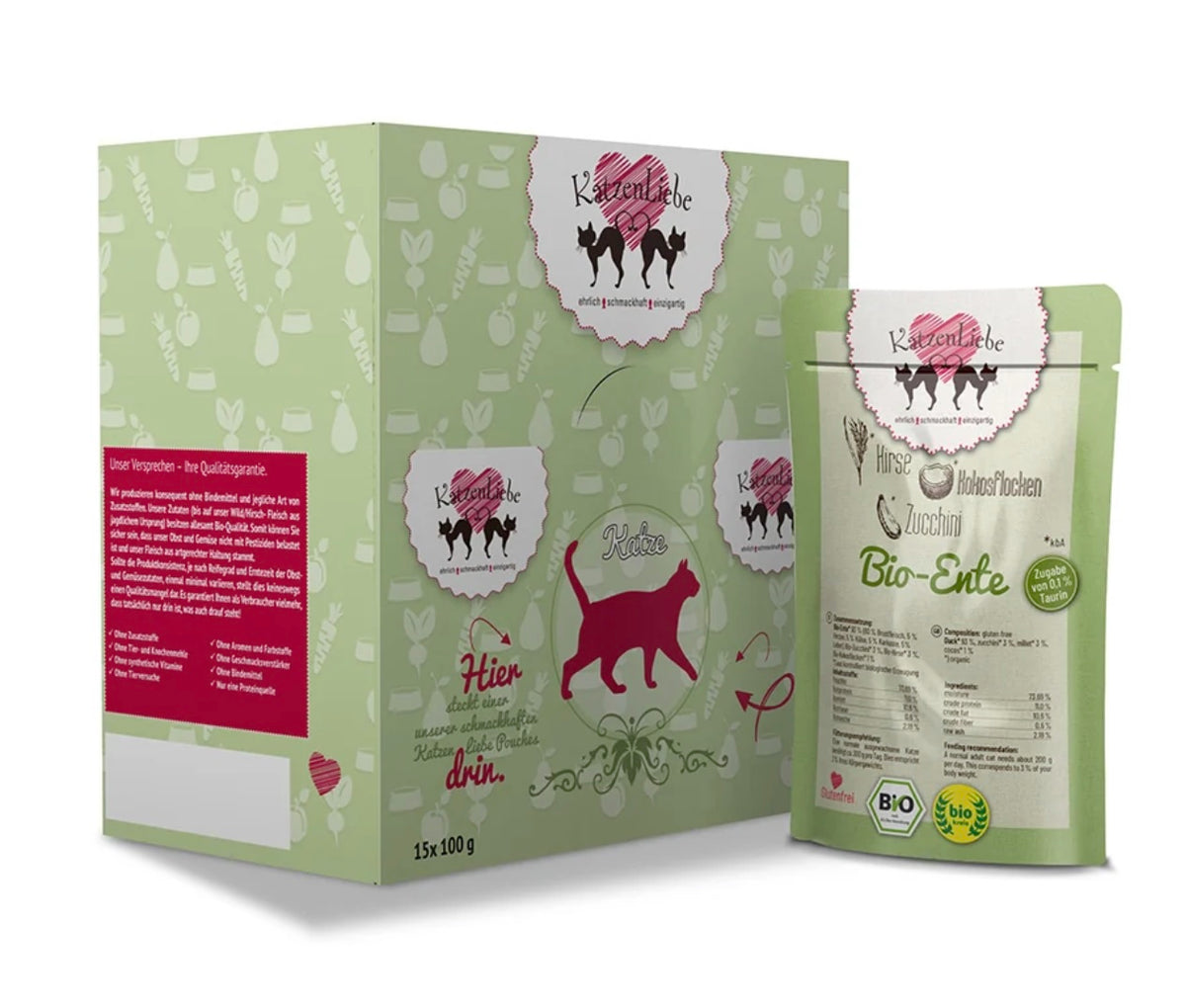 KatzenLiebe. Katzenfutter. Bio-Ente mit Bio-Zucchini. 15x100g. Karton. Sensible Katzen. Unverträglichkeiten.