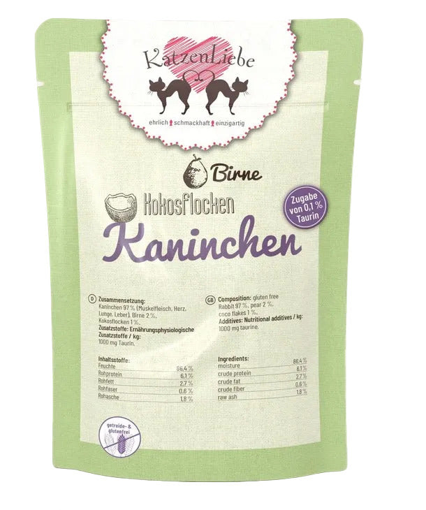 KatzenLiebe. Katzenfutter. Kaninchen mit Bio-Birne. 100g. Sensible Katzen. Unverträglichkeiten.