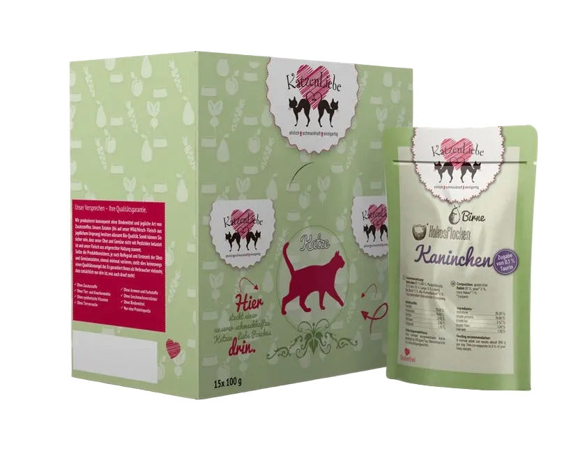 KatzenLiebe. Katzenfutter. Kaninchen mit Bio-Birne. 15x100g. Karton. Sensible Katzen. Unverträglichkeiten.