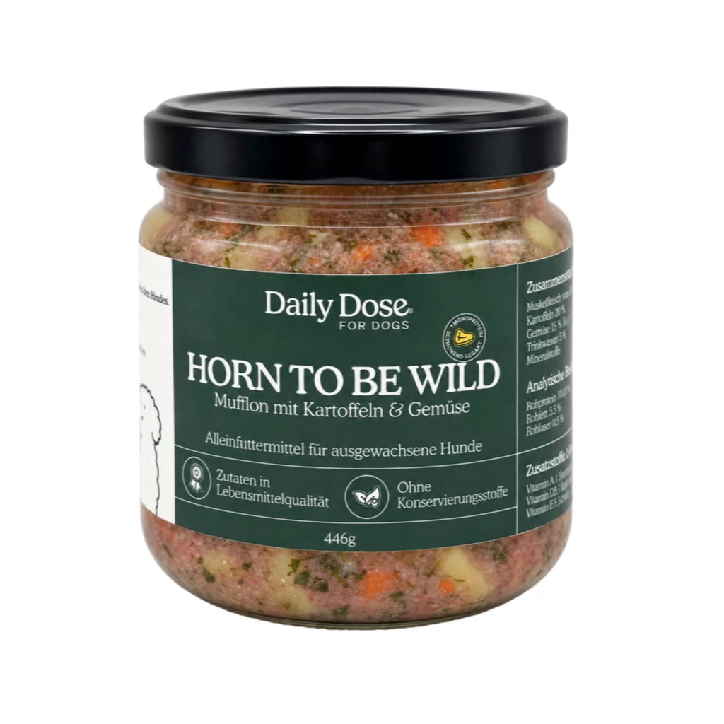 Daily Dose for Dogs. Daily Dose by Menzi. Hundefutter. Mufflon mit Kartoffeln & Gemüse. Horn to be Wild. Sensible Hunde. Glas. 446g. 720g. Ohne Konservierungsstoffe.