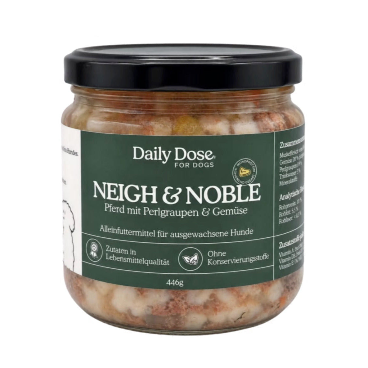 Daily Dose for Dogs. Daily Dose by Menzi. Hundefutter. Pferd mit Perlgraupen & Gemüse. Neigh & Noble. Sensible Hunde. Glas. 446g. 720g. Ohne Konservierungsstoffe.
